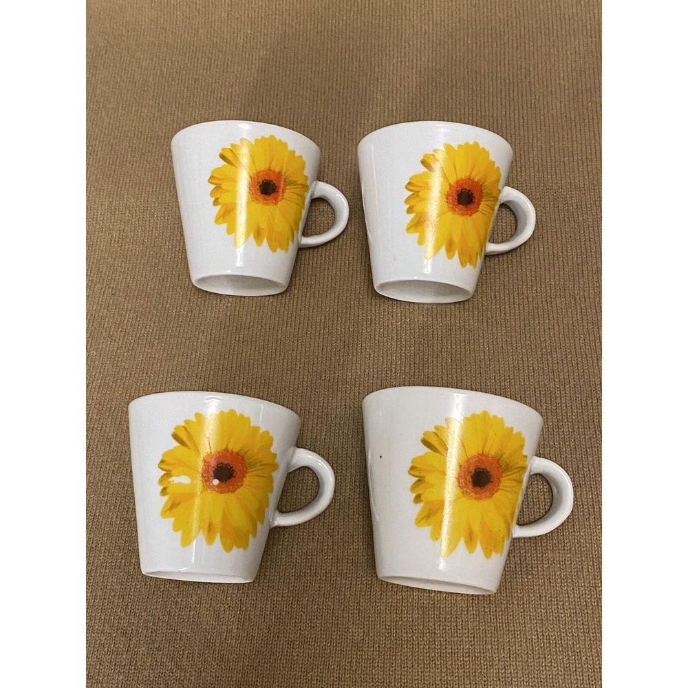 4 Set White Espresso Coffee Cup Double Shot 2 Oz Yellow Orange Daisy/Sun Flower